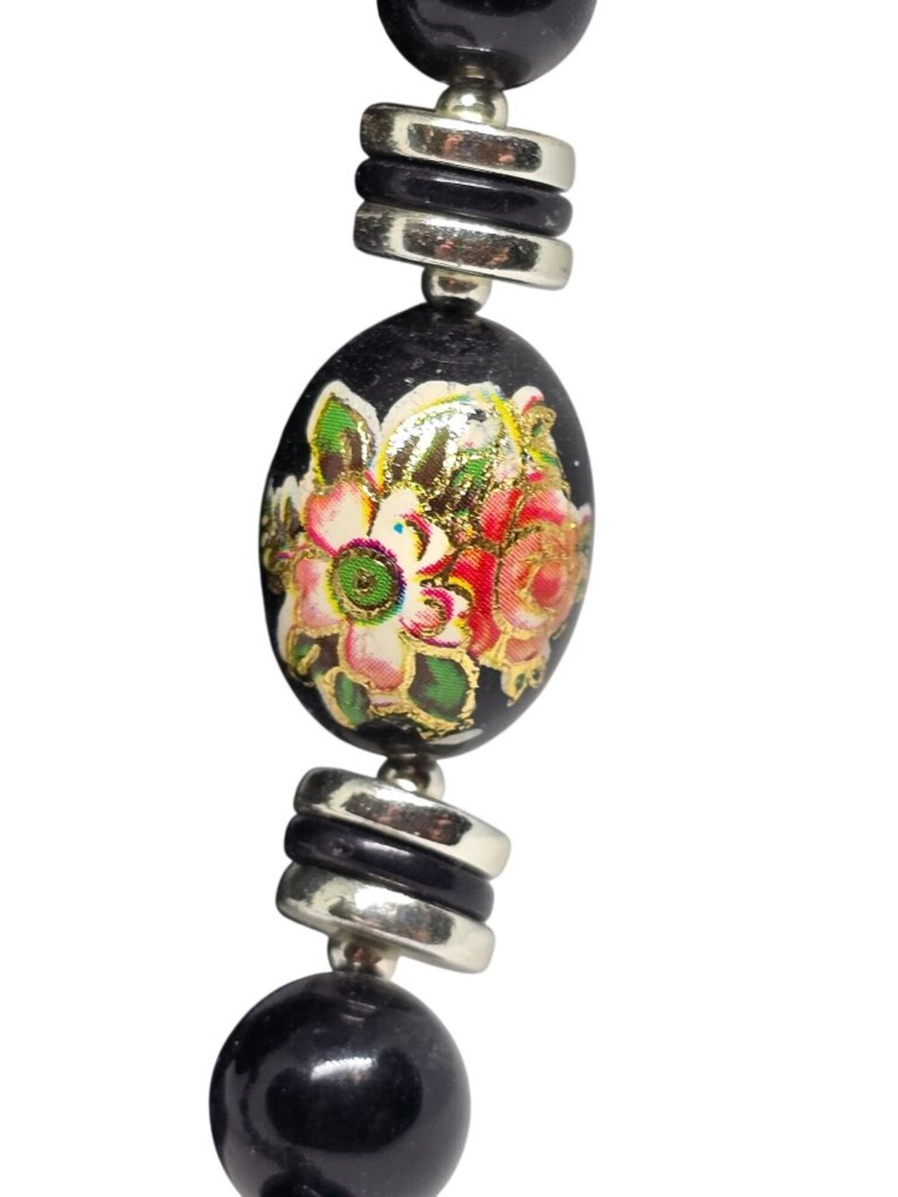 Vintage Black Beaded Cloisonné Floral Necklace Gold Tone Spacers Statement 24” - Picture 7 of 9